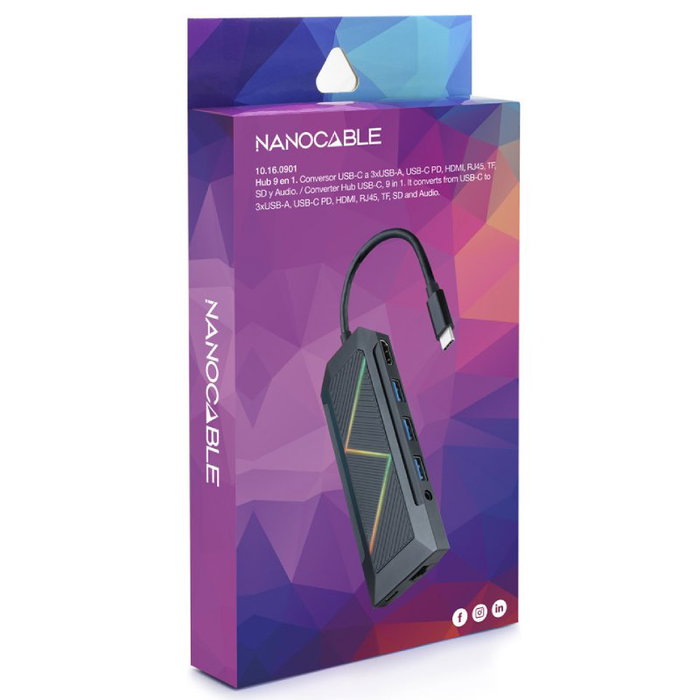 Nanocable Hub USB-C 9 en 1 3.0: 3 USB-A, USB-C PD, HDMI, RJ45, Audio 3.5mm, Lector SD/TF